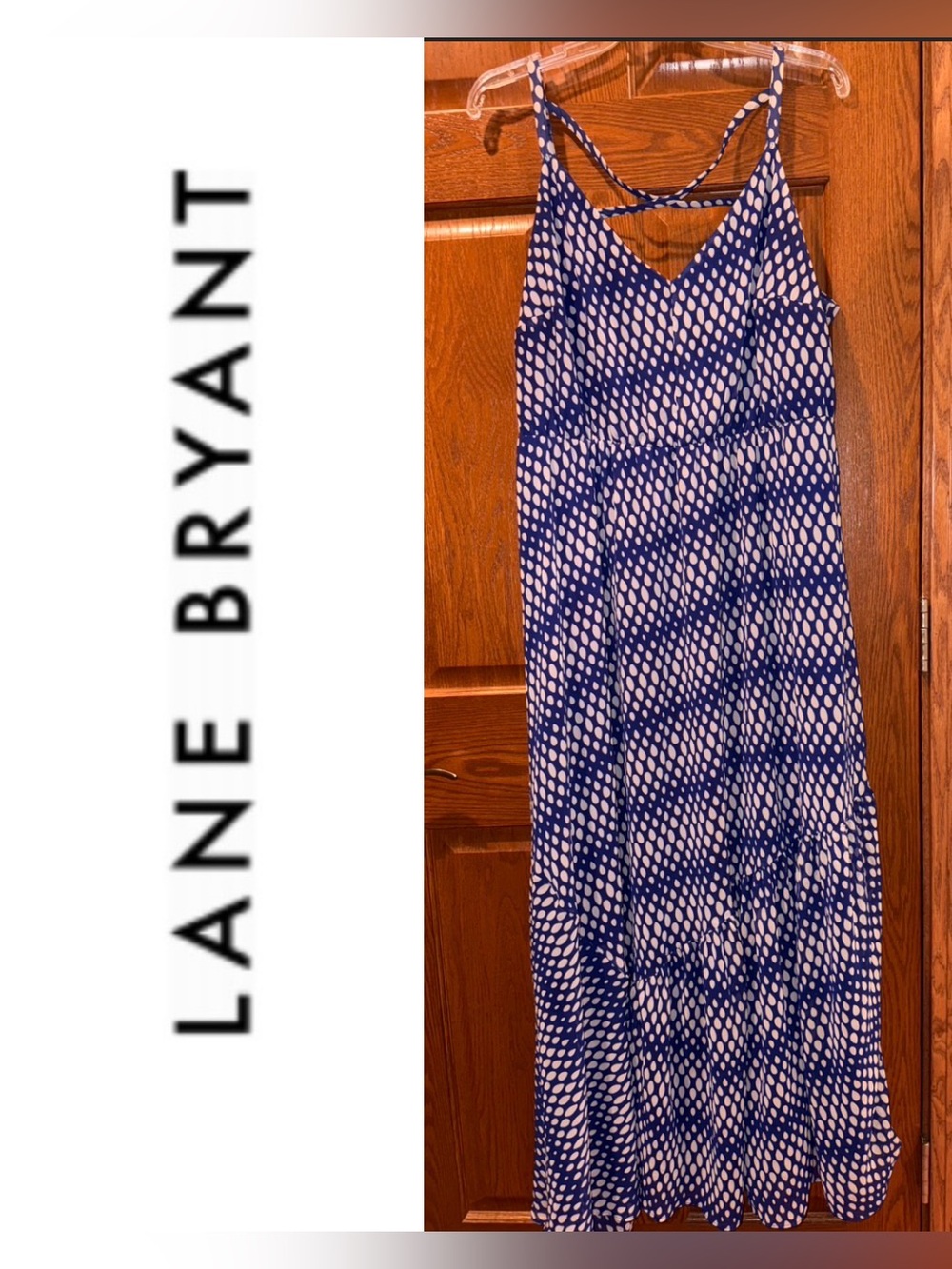 NWOT Lane Bryant 14/ 16 Blue Cream Tear Drop Dot Cross Back Maxi Dress